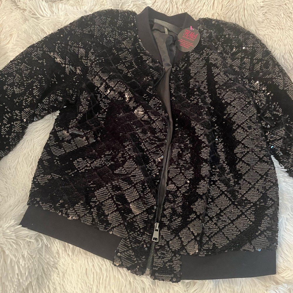Black, sequin bomber type jacket, size large